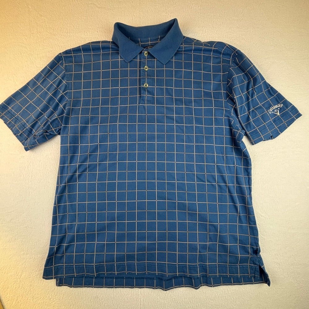 Callaway Golf Sport Mens Blue Windowpane Check Cotton Polo Shirt L